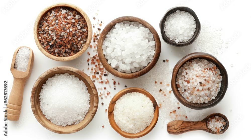 Different sizes of sea salt in a wooden bowl on white background, top view. Different sizes of sea salt in a wooden bowl on white background, top view.
