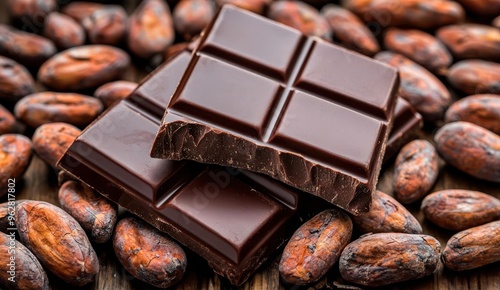 Artisanal dark chocolate bar broken into pieces, surrounded by cacao beans, focusing on the antioxidant benefits of cocoa