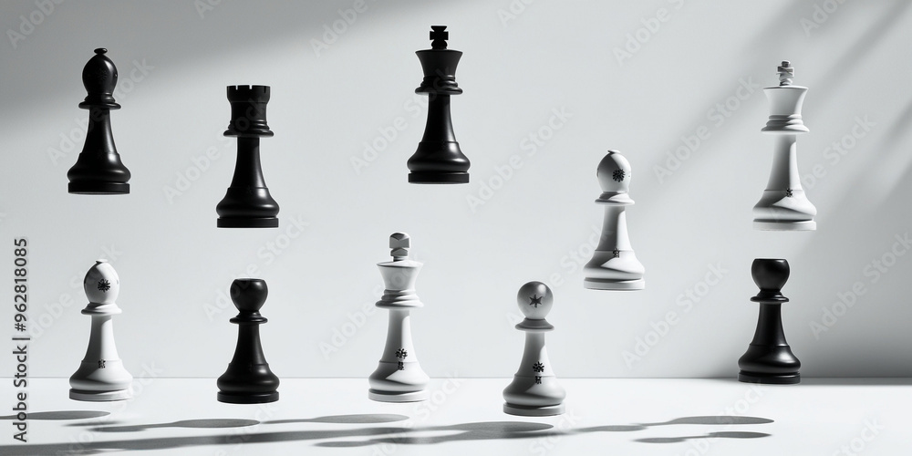 Floating Chess in Grey Illusion Space - Surreal Chess Pieces in Abstract Setting Floating Chess in Grey Illusion Space - Surreal Chess Pieces in Abstract Setting