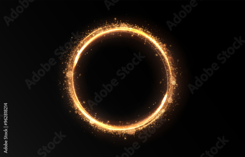 Vector light line effect of golden circle. Luminous fire trail on a transparent background. Light round line with an advantage effect. Golden dust circle light png.	
