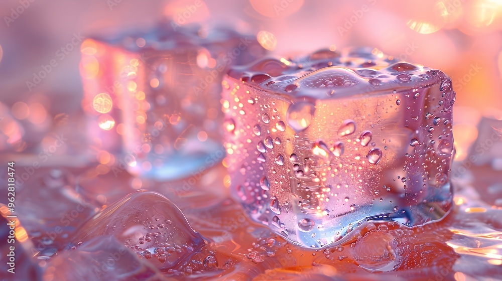 Closeup of a wet ice cube with a pink and orange background. Closeup of a wet ice cube with a pink and orange background.