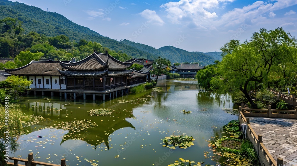 Fototapeta premium Immerse yourself in the tranquility of a picturesque landscape adorned with timeless traditional architecture and cultural symbols.