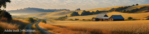 A peaceful rural landscape with golden fields of grain, rustic barns, and a winding dirt road leading to distant rolling hills under a soft morning light photo