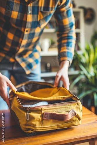 Cozy living room scene with person unpacking yellow backpack on wooden coffee table. Open bag reveals white shirt inside. Person wears blue and yellow plaid shirt, surrounded by plant in background. photo