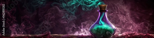A mystical Halloween potion glowing with emerald green smoke in a vintage deep purple bottle, surrounded by rich burgundy mist.