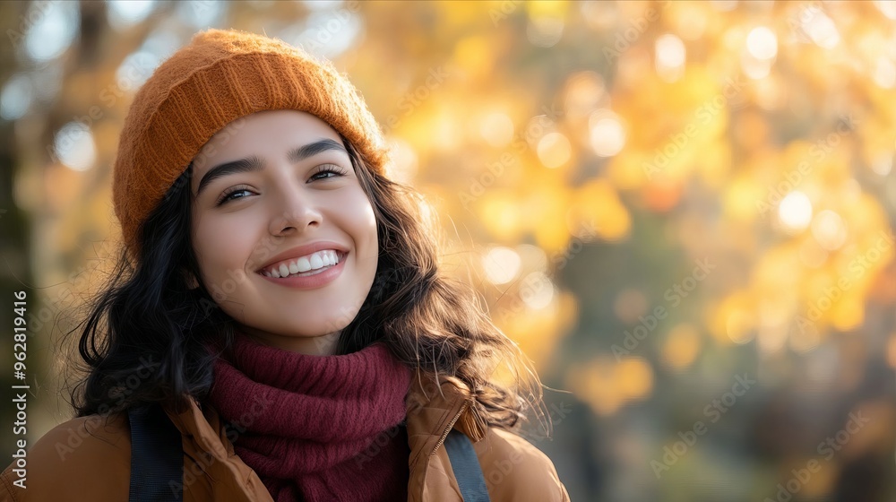 A woman wearing a brown jacket and a red scarf smiles at the camera A woman wearing a brown jacket and a red scarf smiles at the camera
