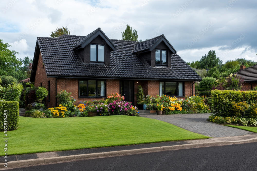 A charming brick house with a well-maintained garden and colorful flowers under a cloudy sky. A charming brick house with a well-maintained garden and colorful flowers under a cloudy sky.