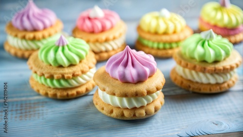 Cookies with colored cream, cheerful mood, stacked pastry sweets on wooden table background