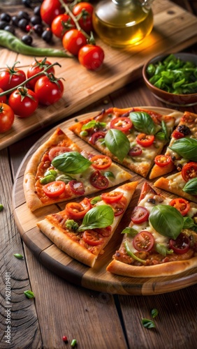 Delicious pizza, appetizing mood, freshly baked slices on wooden board, colorful toppings