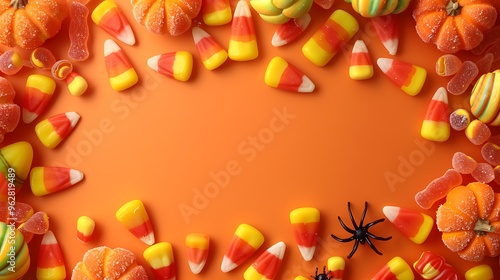 A festive Halloween frame filled with an assortment of colorful candy corn, gummy spiders, and miniature pumpkin decorations, arranged neatly against a vibrant orange backdrop.