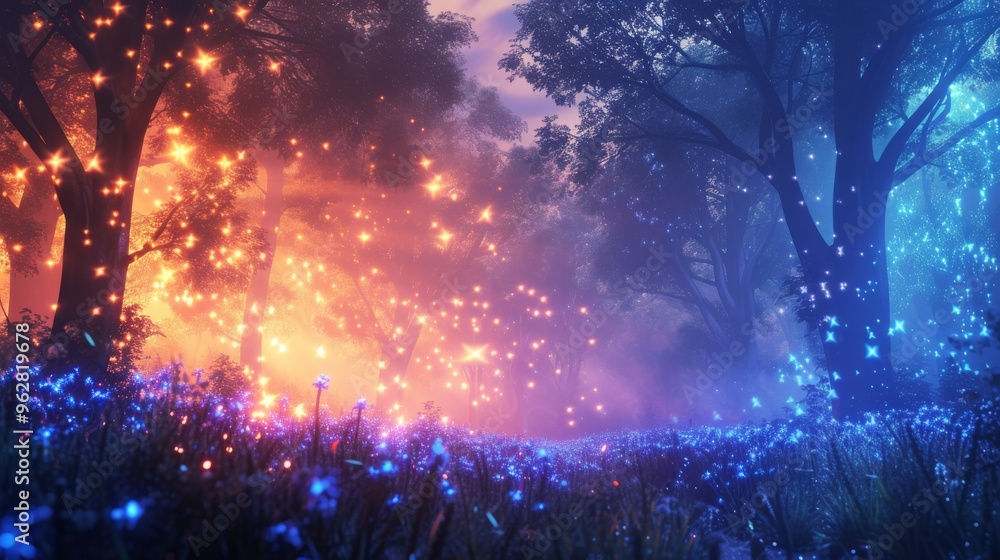 Naklejka premium A magical forest scene featuring glowing blue and orange lights amidst lush greenery. The ethereal glow creates a captivating and mystical atmosphere, perfect for fantasy-themed projects.