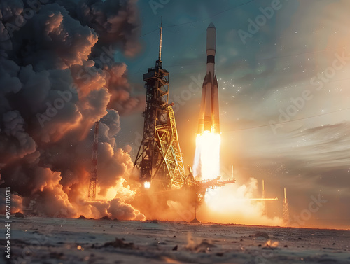 Space rocket takes off from the surface of the spaceport. Neural network AI generated art