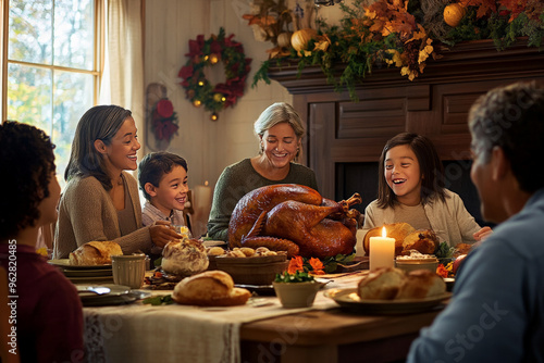 A multi-generational family gathers around a table for a Thanksgiving dinner, laughing and enjoying each other's company. The table is set with a roasted turkey, side dishes, and a lit candle.