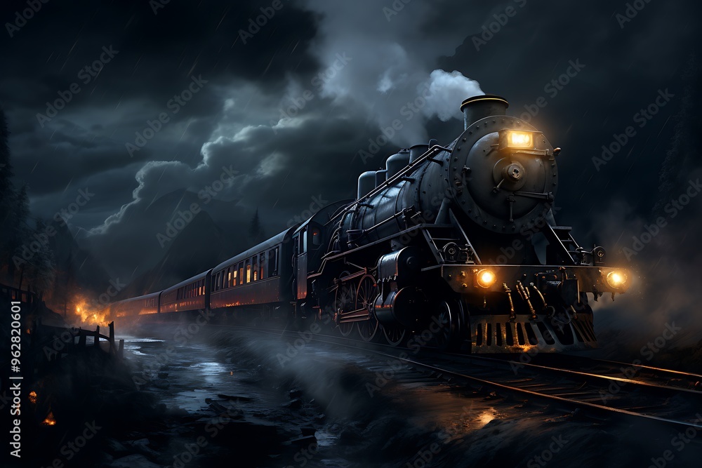 Steam locomotive in a dark forest at night. 3D rendering