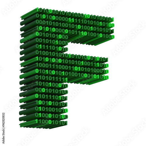 3D isometric letter F font made from binary code digits on transparent background PNG