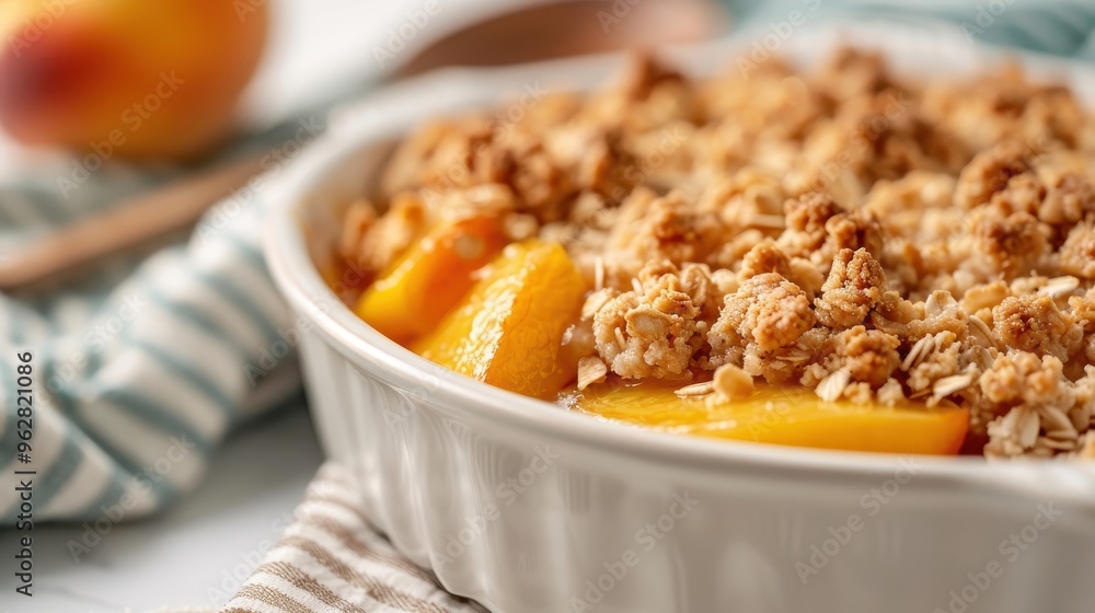 A close-up of a peach cobbler crumble with a buttery oat topping. A close-up of a peach cobbler crumble with a buttery oat topping.