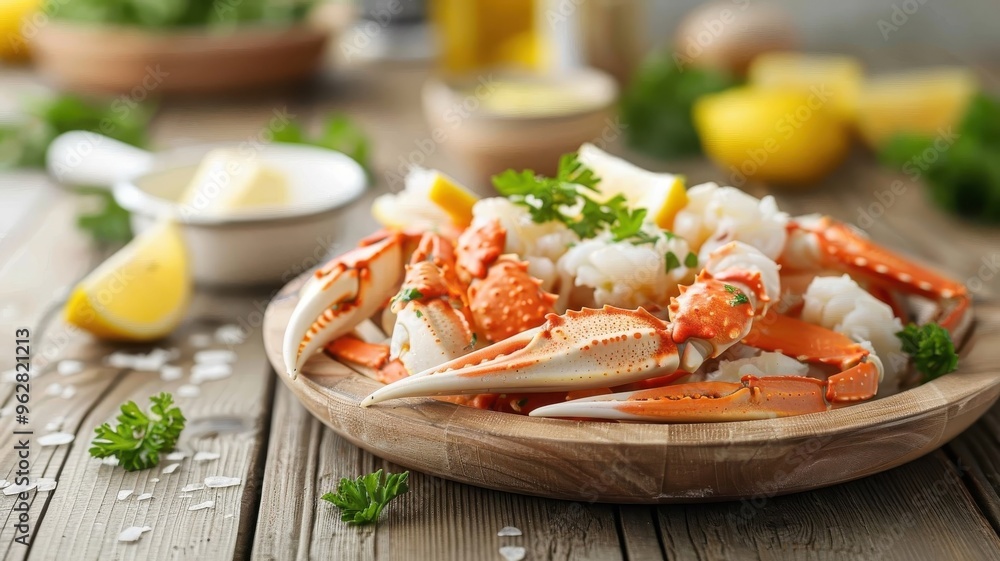 A platter of steamed crab legs with melted butter and lemon wedges. A platter of steamed crab legs with melted butter and lemon wedges.