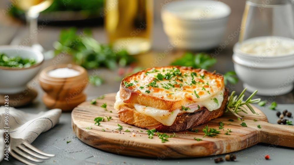 A classic French croque monsieur with ham, Gruyère cheese, and béchamel sauce. A classic French croque monsieur with ham, Gruyère cheese, and béchamel sauce.