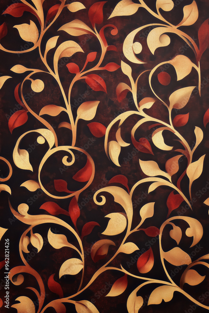Gothic Vine Patterned Wallpaper in Burgundy and Gold with Candlelight Highlights Gothic Vine Patterned Wallpaper in Burgundy and Gold with Candlelight Highlights