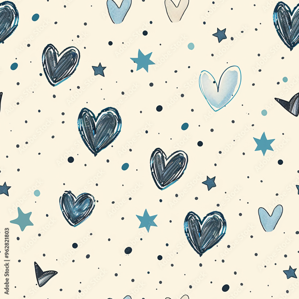 Playful Hand-Drawn Seamless Hearts, Stars, and Dots Pattern for Fabric and Surface Design Playful Hand-Drawn Seamless Hearts, Stars, and Dots Pattern for Fabric and Surface Design