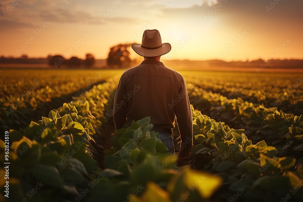 Farmer standing in a soybean field at sunset in summer. Farmer standing in a soybean field at sunset in summer.