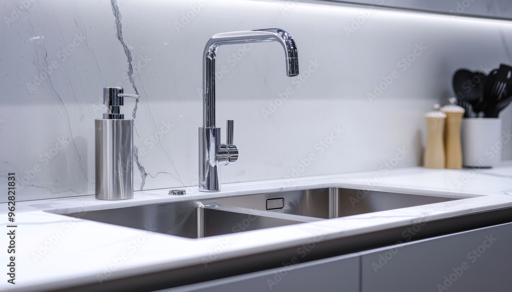 A modern kitchen sink with a sleek faucet, soap dispenser, and utensils, showcasing minimalist design and functionality. A modern kitchen sink with a sleek faucet, soap dispenser, and utensils, showcasing minimalist design and functionality.