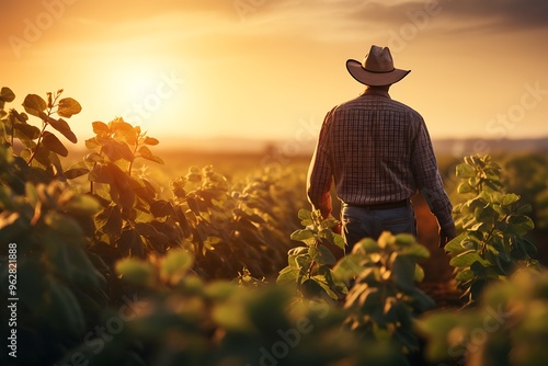 Farmer standing in a soybean field at sunset in summer. photo