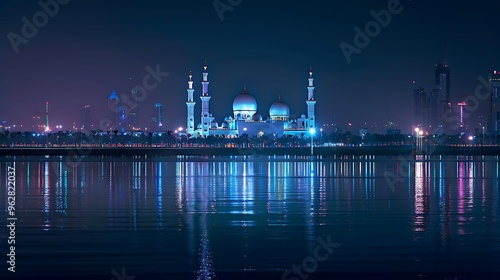 A serene night view of a grand mosque illuminated by lights, reflecting on calm waters.