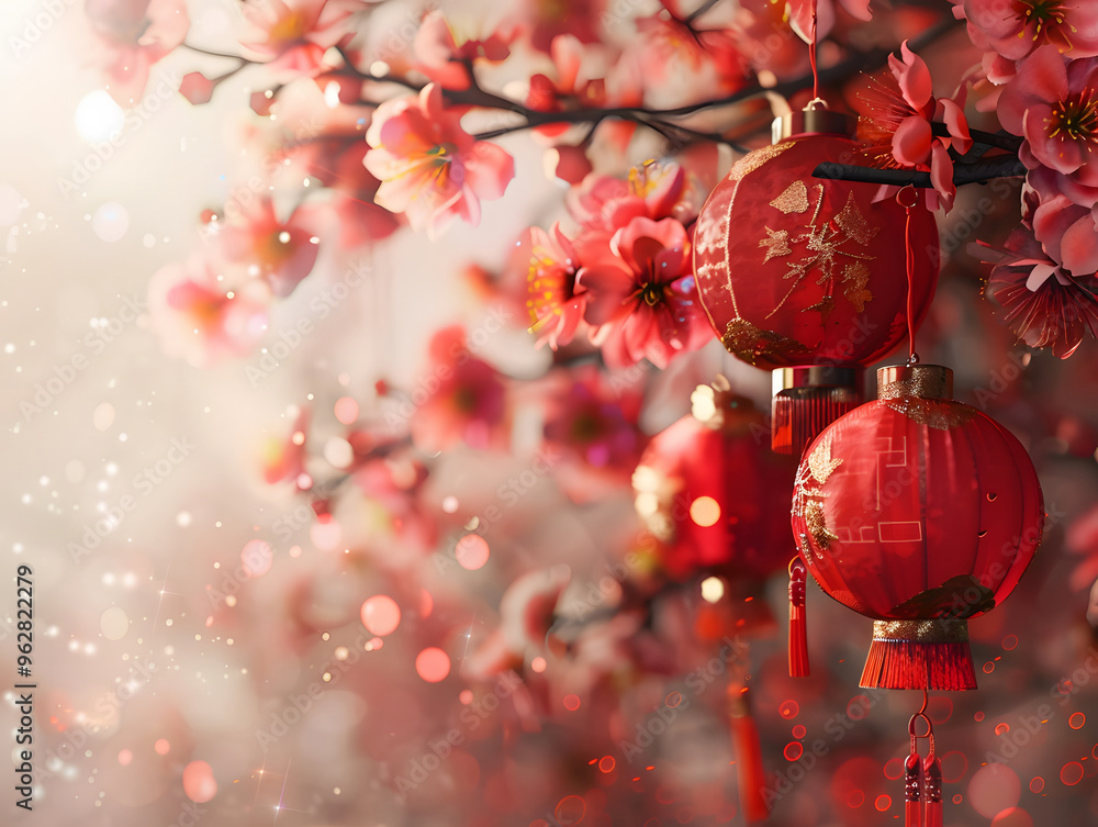 Fototapeta premium Colorful illustration with attributes of Chinese New Year celebration. Neural network AI generated art