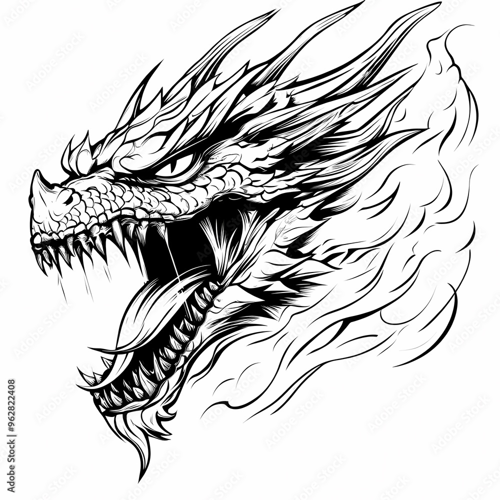 A detailed illustration of a dragon's head with a fierce expression, sharp teeth, and a long tongue. A detailed illustration of a dragon's head with a fierce expression, sharp teeth, and a long tongue.