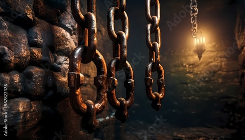 A pair of rusty chains dangling from a dungeon wall, with flickering torchlight photo