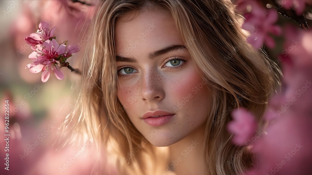 A woman with freckles on her face in front of a flowering tree A woman with freckles on her face in front of a flowering tree