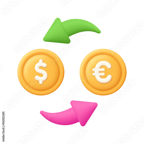 Euro dollar coins and circling arrows. Currency exchange. Investment, financial transaction, business and finance concept. 3d vector icon. Cartoon minimal style.