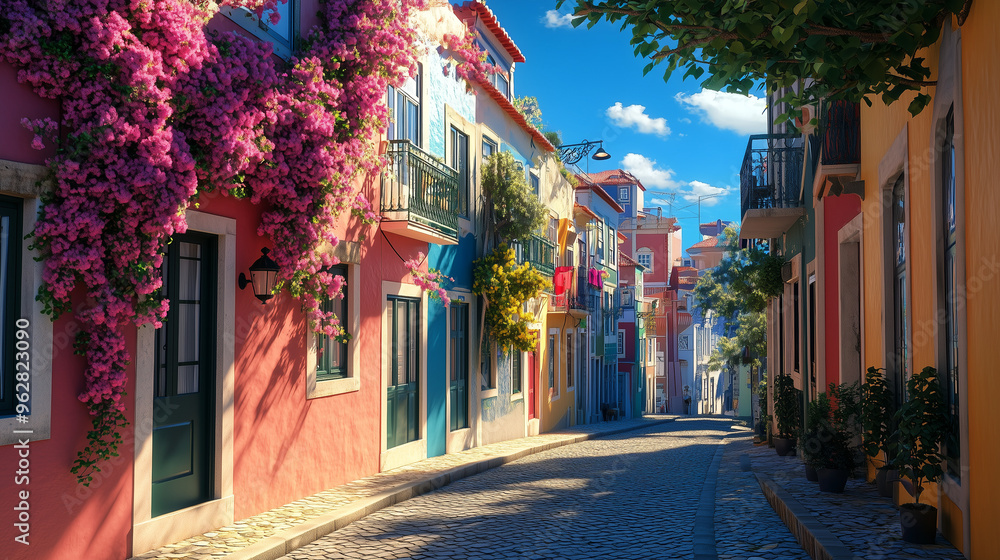 Fototapeta premium A beautiful, colorful narrow Portuguese street adorned with bright flowers on building facades under a blue sky