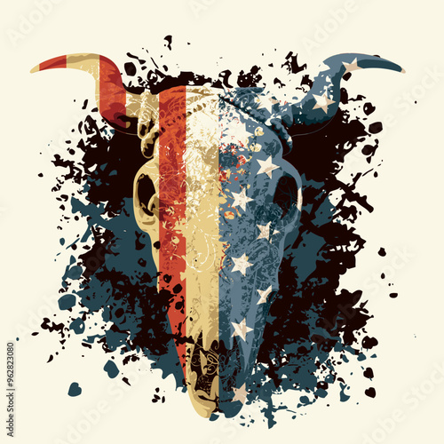 american bull or cow skull with USA flag and horns, spots and splashes. vector illustration, logo or symbol. poster, card, invitation design