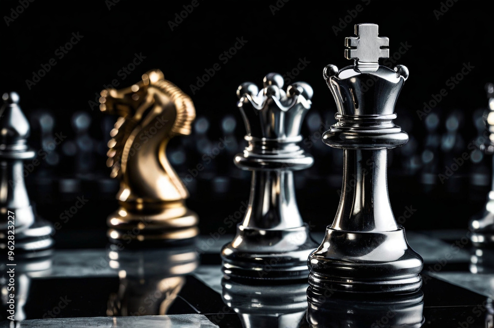 The Chess Reflection in Black Glass - Elegant Chess Pieces on Reflective Surface The Chess Reflection in Black Glass - Elegant Chess Pieces on Reflective Surface