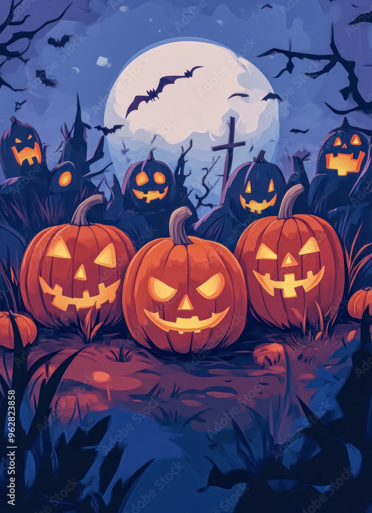 Spooky Halloween jack-o'-lanterns with bats and full moon Spooky Halloween jack-o'-lanterns with bats and full moon