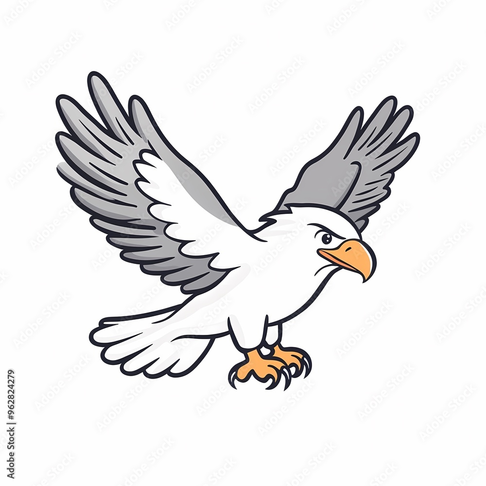 Fototapeta premium A cartoon eagle with spread wings is flying in the air.