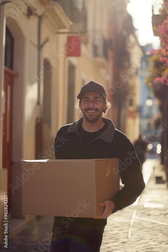 Man walks down cobblestone street with brown box featuring yellow S logo. Urban setting with white buildings and red doors. Pink flower bush on right side. Delivery worker in uniform carrying package.