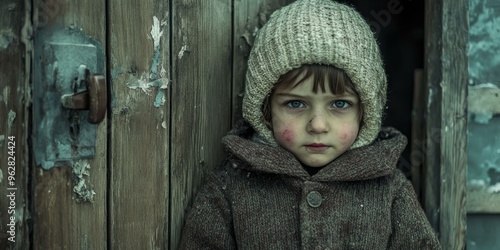Sad child in worn coat stares through doorway.