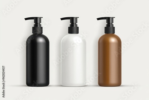 Practical 3d pump bottles, design concept for packaging. White, black, and brown containers on background, showcasing wellness and beauty products for creative ventures photo