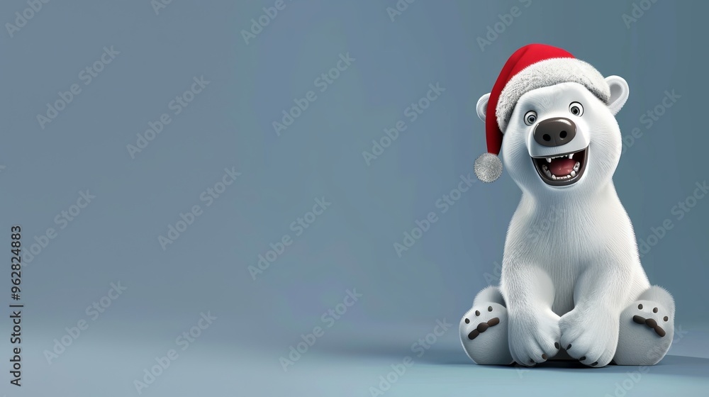 Fototapeta premium Funny polar bear in Santa Claus hat on bright background. New Year and Christmas holidays concept, copy space