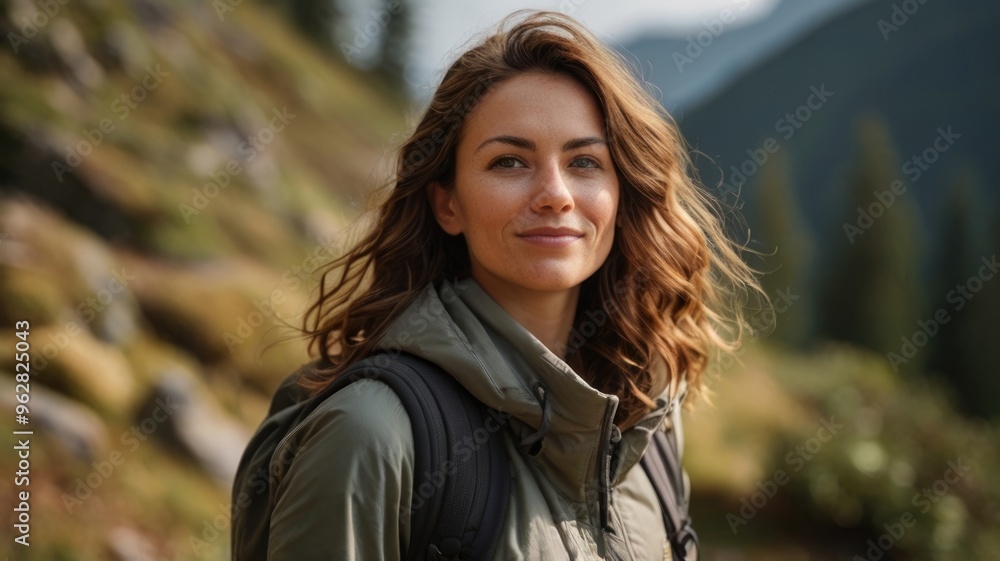 A woman enjoys in view while taking a break while hiking in nature A woman enjoys in view while taking a break while hiking in nature