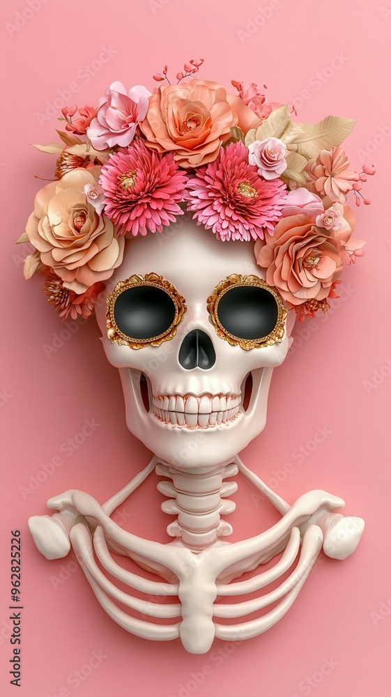Elegant La Calavera Catrina, pink gold skull with floral headdress, Halloween fashion night, 3D illustration Elegant La Calavera Catrina, pink gold skull with floral headdress, Halloween fashion night, 3D illustration