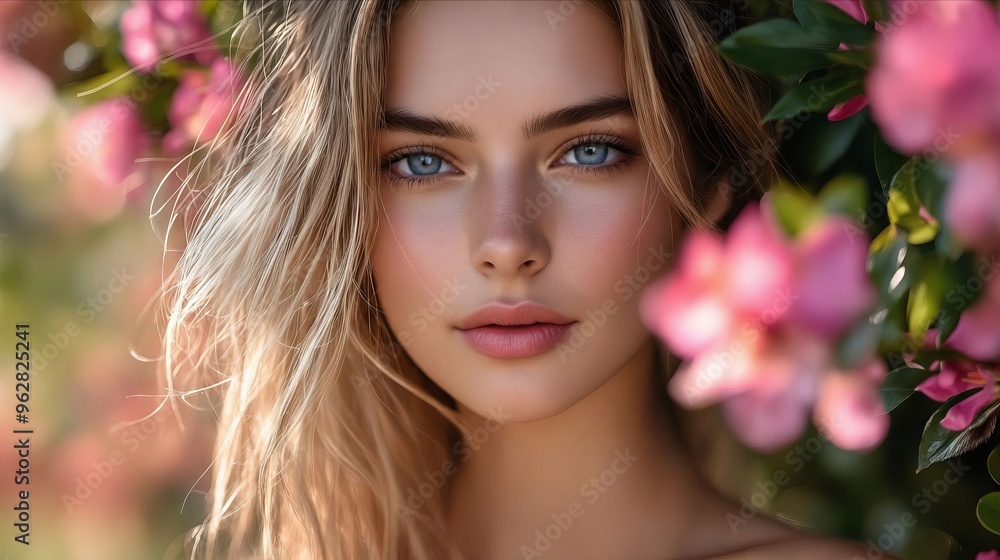 A woman with long blonde hair and blue eyes in front of pink flowers A woman with long blonde hair and blue eyes in front of pink flowers