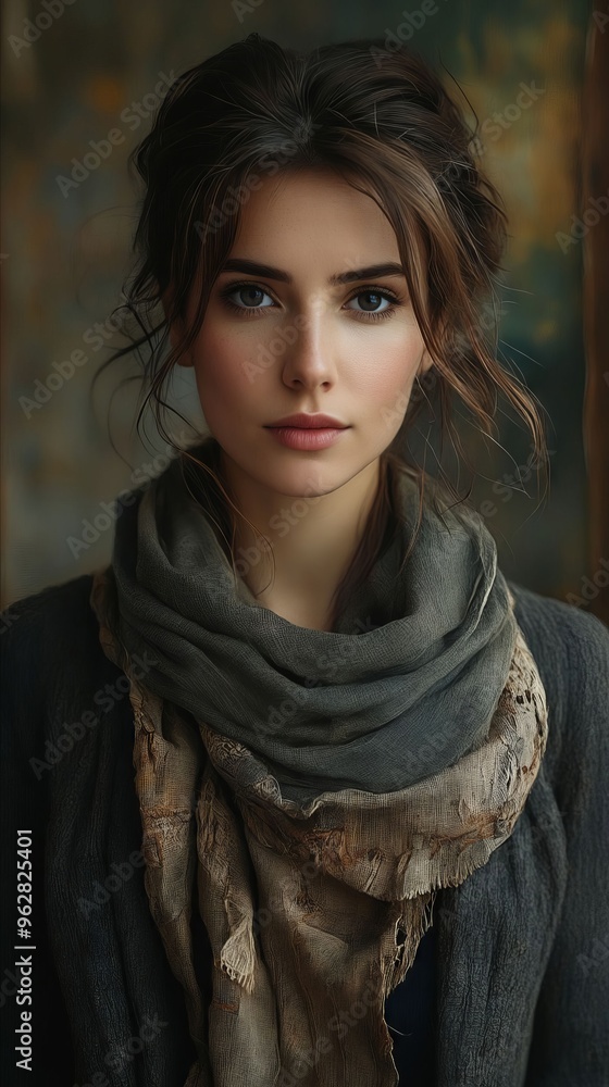 Naklejka premium A woman wearing a gray sweater and a gray scarf