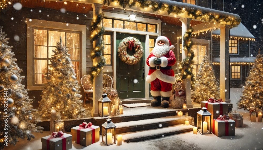 Santa Claus standing on a snow-covered porch with Christmas trees, gift boxes, lanterns, and a wreath on the door. Santa Claus standing on a snow-covered porch with Christmas trees, gift boxes, lanterns, and a wreath on the door.