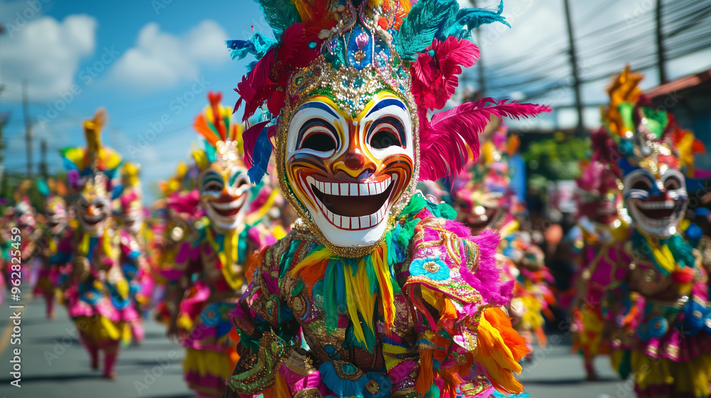 MassKara Festival, hundreds of dancers in bright costumes dance on the main street of Bacolod city, masks with big smiles and bright colors adorn their faces, Ai generated images MassKara Festival, hundreds of dancers in bright costumes dance on the main street of Bacolod city, masks with big smiles and bright colors adorn their faces, Ai generated images