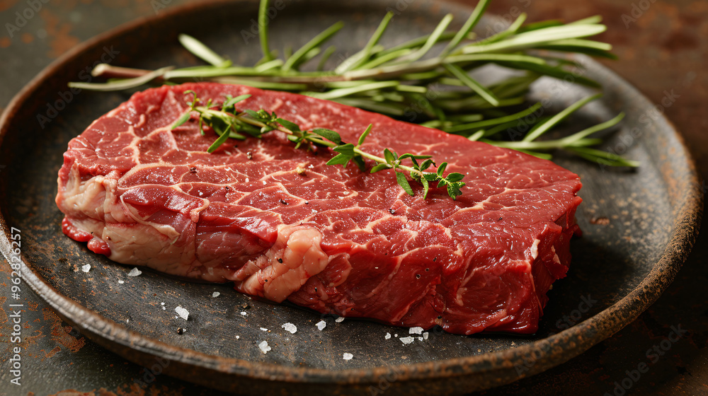 Succulent Raw Dry-Aged Steak on Rustic Plate with Herb Garnish - Gourmet Food Photography with Space for Text or Graphics Succulent Raw Dry-Aged Steak on Rustic Plate with Herb Garnish - Gourmet Food Photography with Space for Text or Graphics