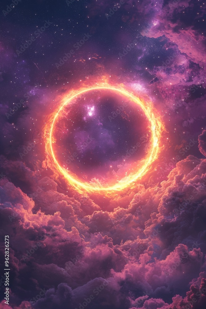 Captivating Celestial Ring of Fire Engulfed in Ethereal Clouds and Cosmic Radiance Captivating Celestial Ring of Fire Engulfed in Ethereal Clouds and Cosmic Radiance